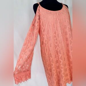 Xhilaration, Peach Cold Shoulder Lace and Embroidered Long Sleeve Dress, Large